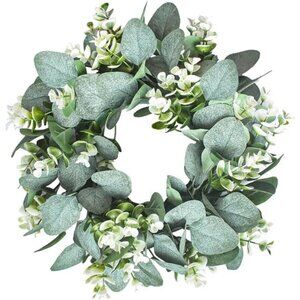 1 Pack Green Eucalyptus Wreath Round Artificial Farmhouse Wreath for Door Wall